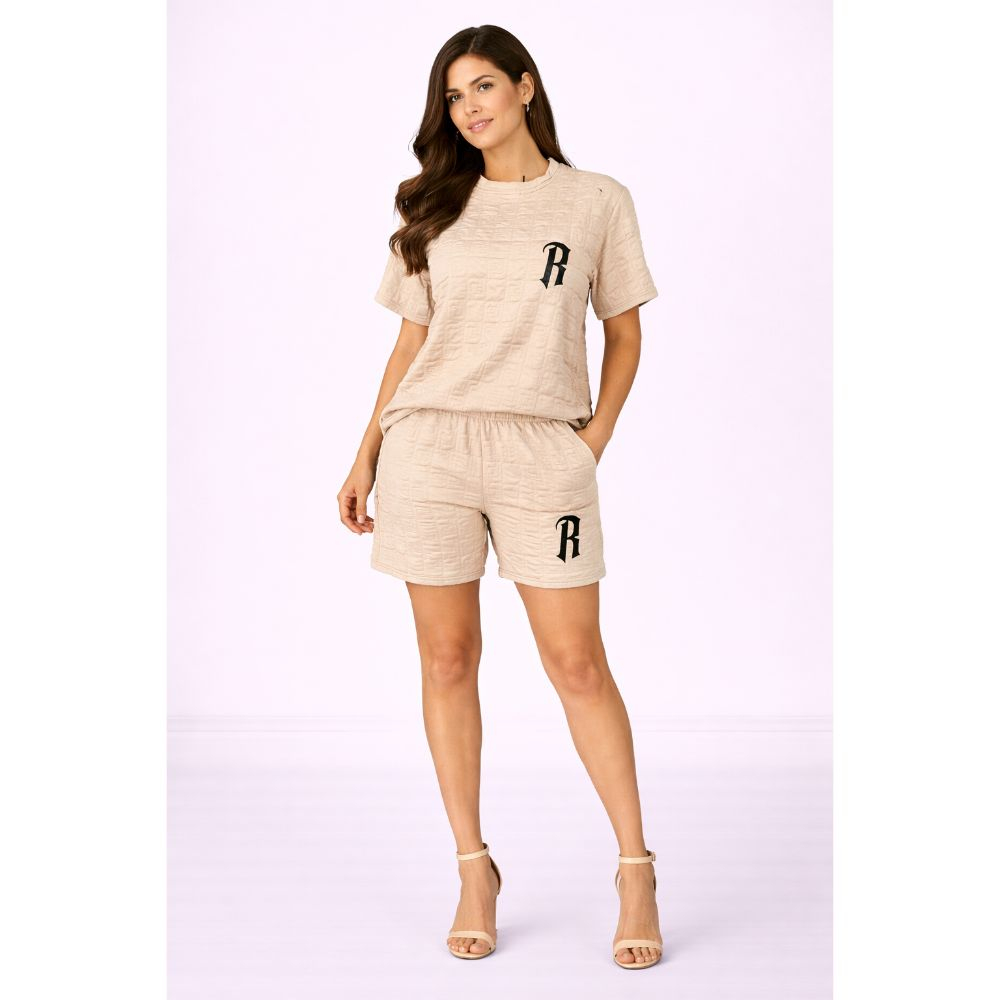 Beige Textured Top & Shorts